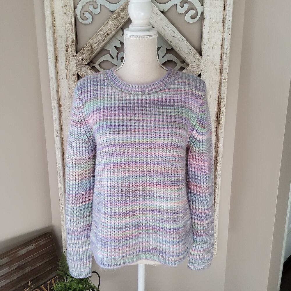 Loft cottagecore pastel rainbow spacedye fuzzy waffle knit sweater size medium
